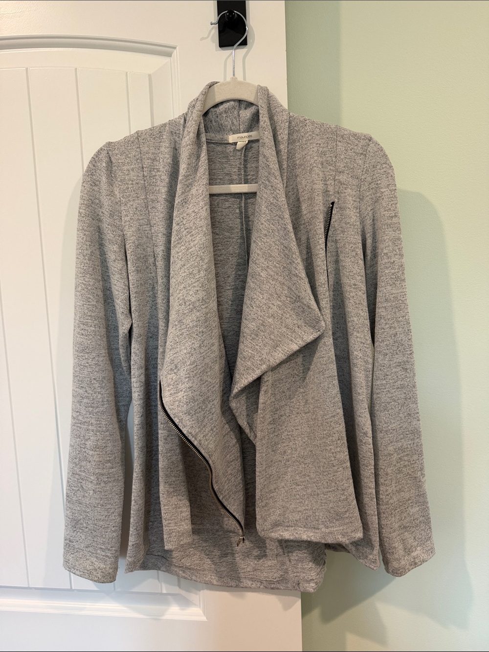 Maurices Light Gray Draped Open-Front Cardigan with Asymmetrical Zip